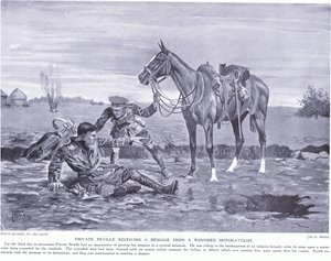 Private Neville vastaanottaa viestin haavoittuneelta moottoripyöräilijältä Ypresiltä lokakuussa 1914